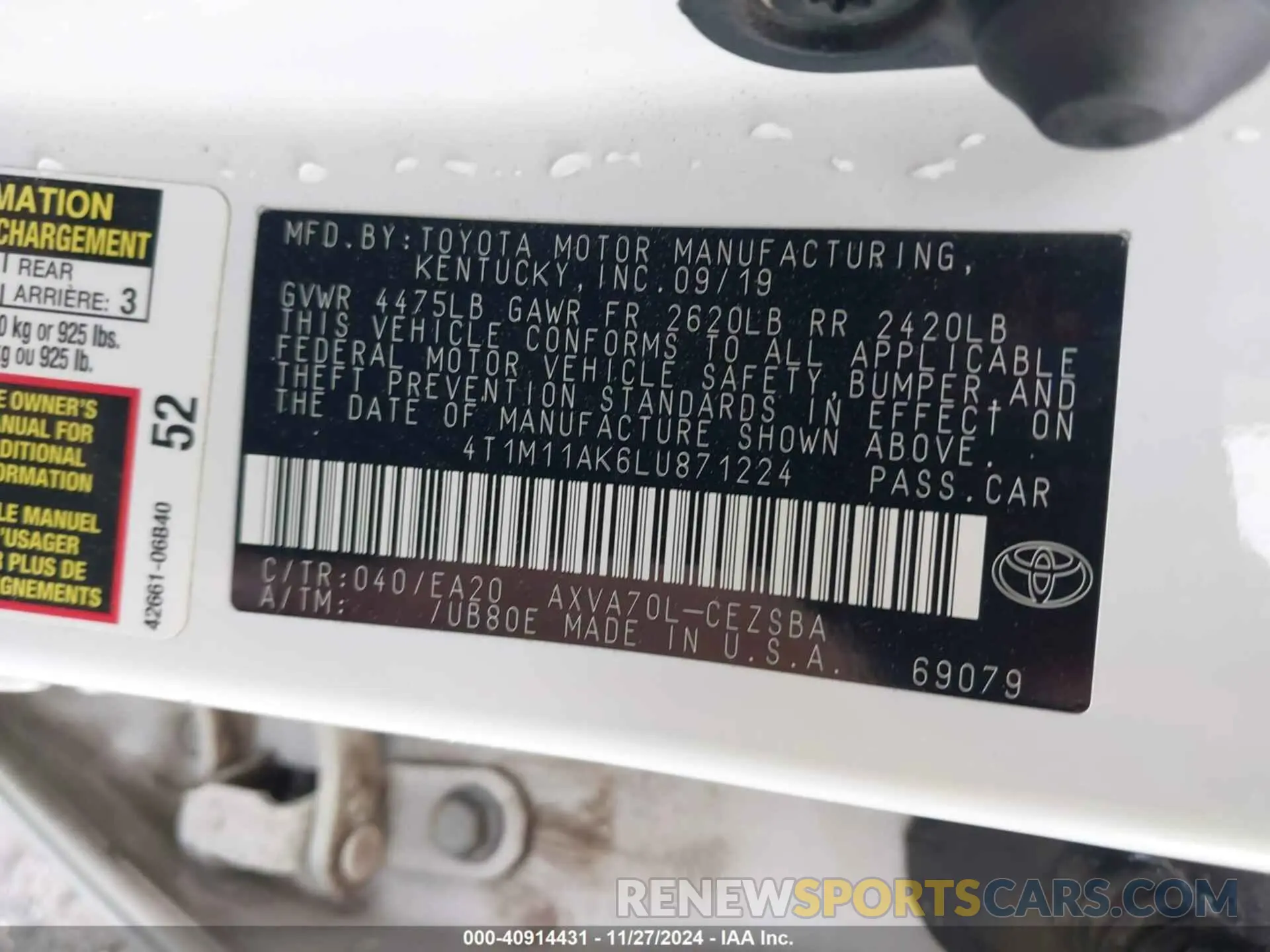 9 fotografías del automóvil dañado 4T1M11AK6LU871224 TOYOTA CAMRY 2020
