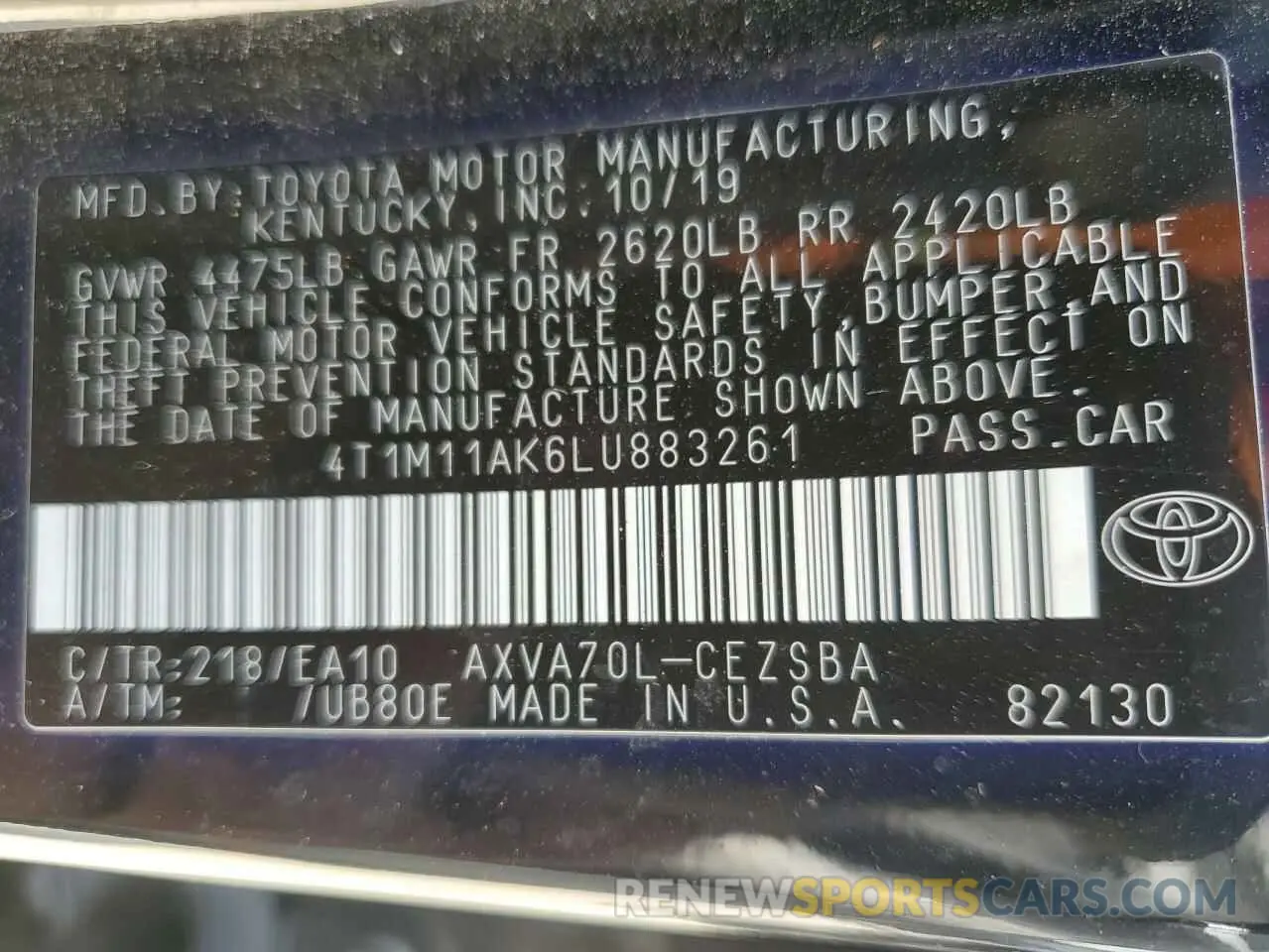 12 fotografías del automóvil dañado 4T1M11AK6LU883261 TOYOTA CAMRY 2020