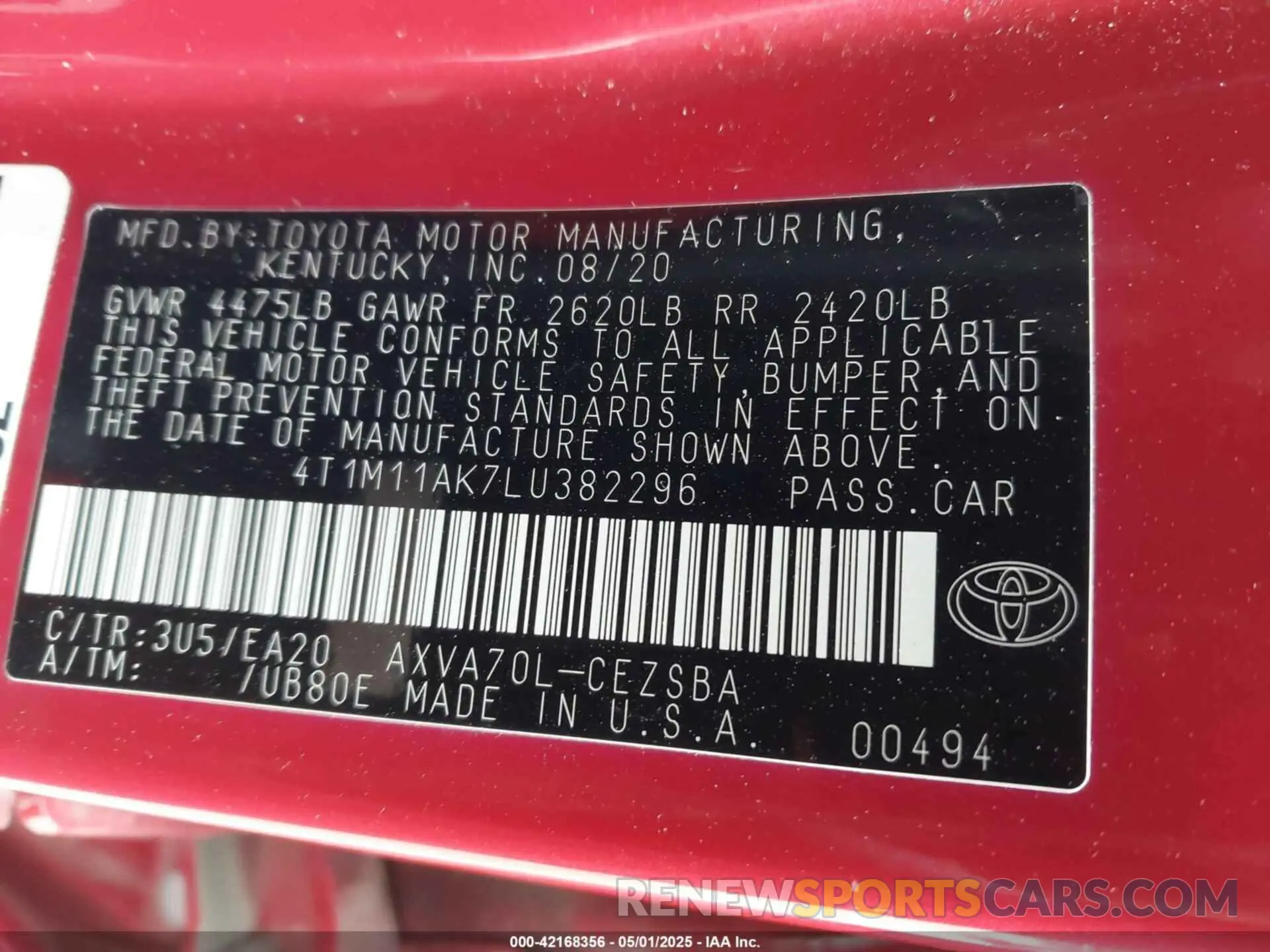 9 fotografías del automóvil dañado 4T1M11AK7LU382296 TOYOTA CAMRY 2020