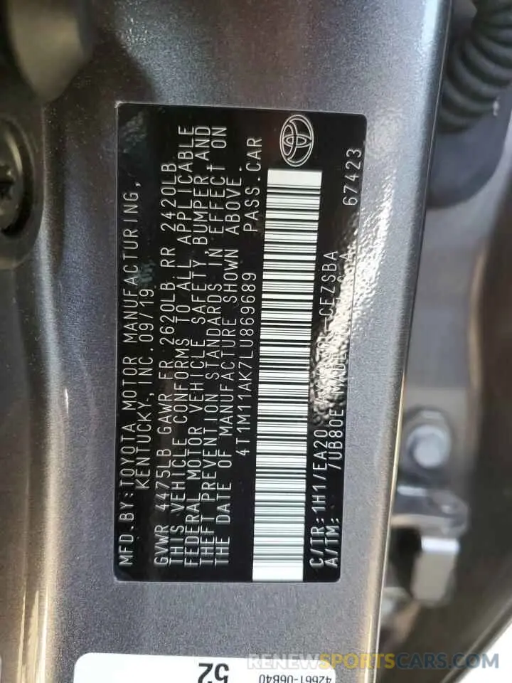 10 fotografías del automóvil dañado 4T1M11AK7LU869689 TOYOTA CAMRY 2020