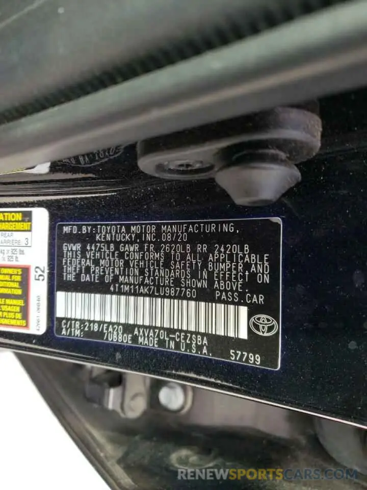 10 fotografías del automóvil dañado 4T1M11AK7LU987760 TOYOTA CAMRY 2020