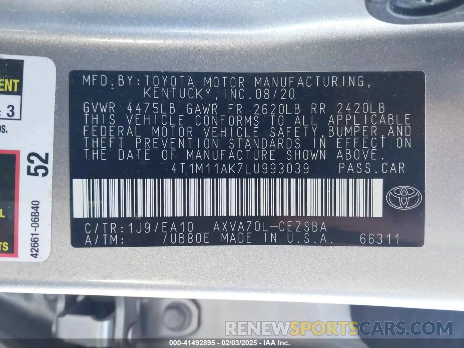 9 fotografías del automóvil dañado 4T1M11AK7LU993039 TOYOTA CAMRY 2020