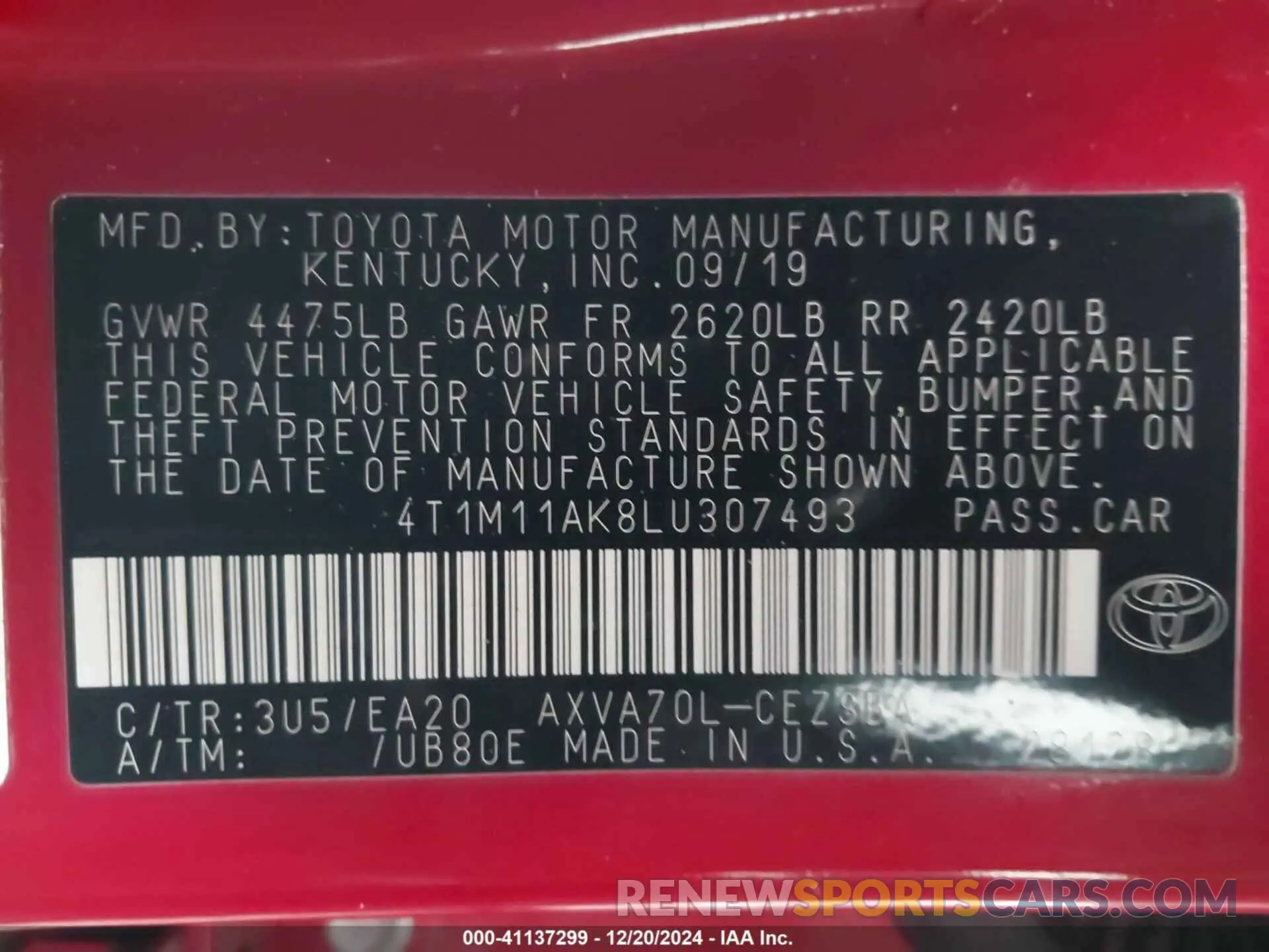 9 fotografías del automóvil dañado 4T1M11AK8LU307493 TOYOTA CAMRY 2020