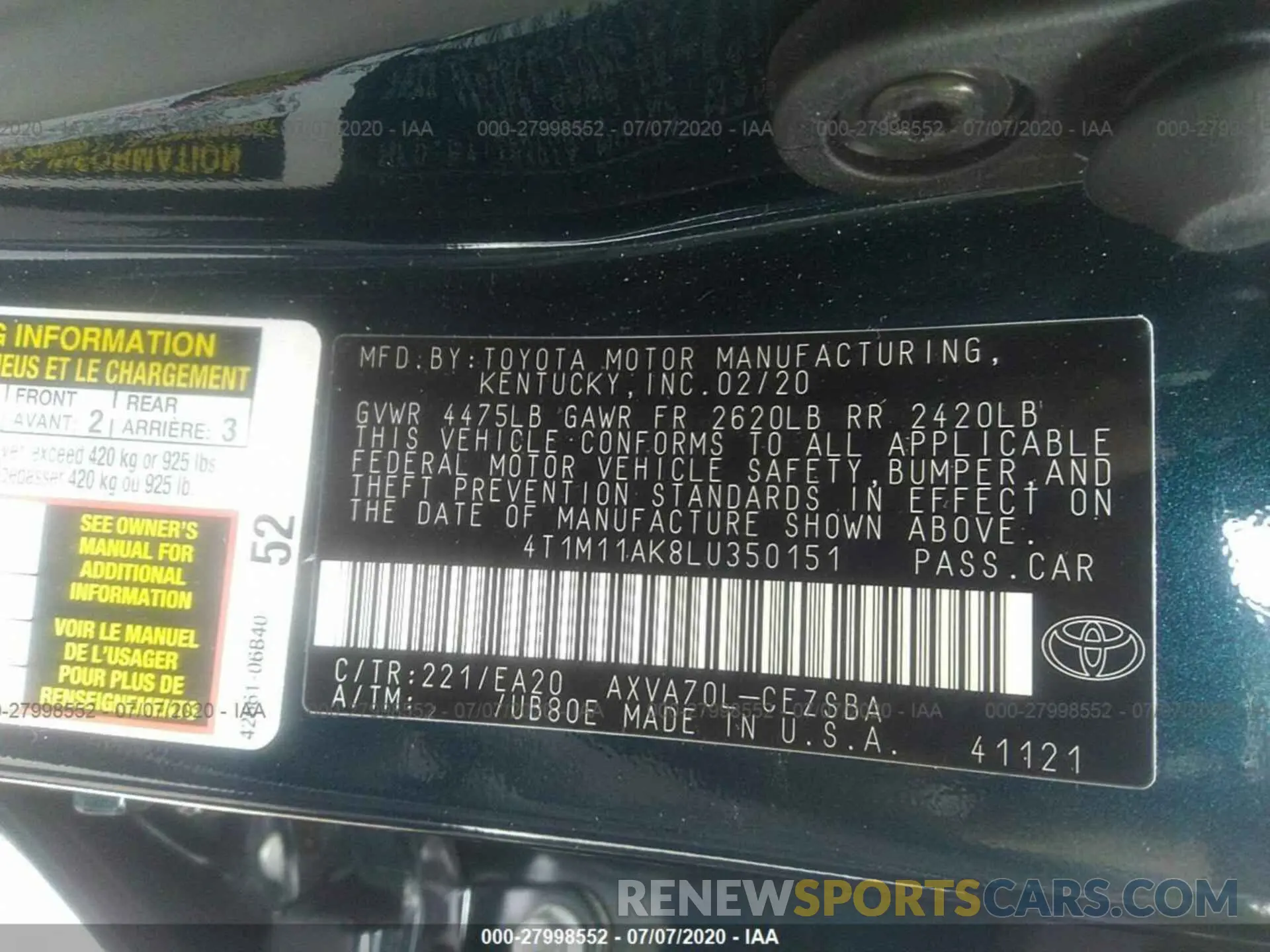 9 fotografías del automóvil dañado 4T1M11AK8LU350151 TOYOTA CAMRY 2020
