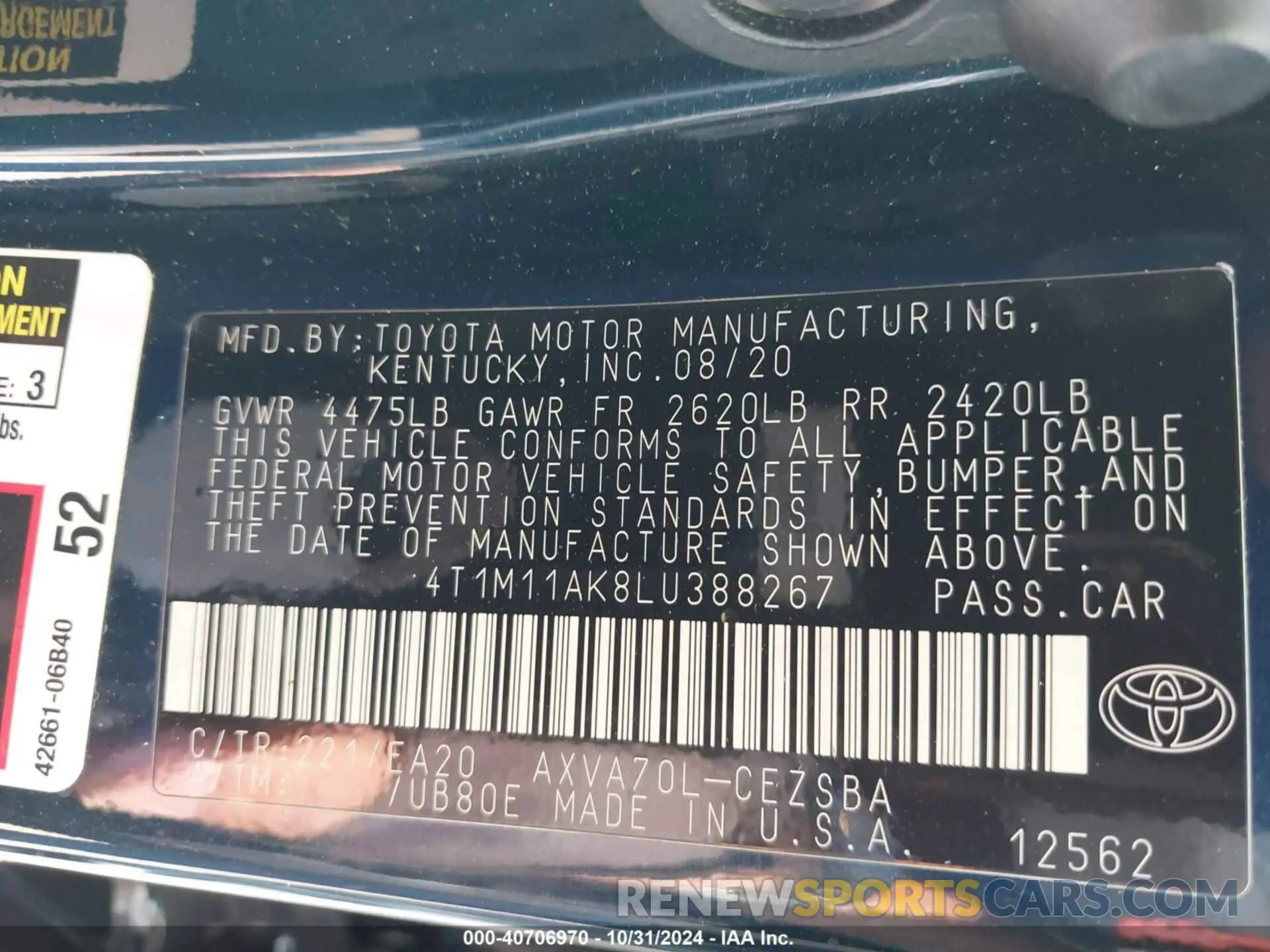 9 fotografías del automóvil dañado 4T1M11AK8LU388267 TOYOTA CAMRY 2020