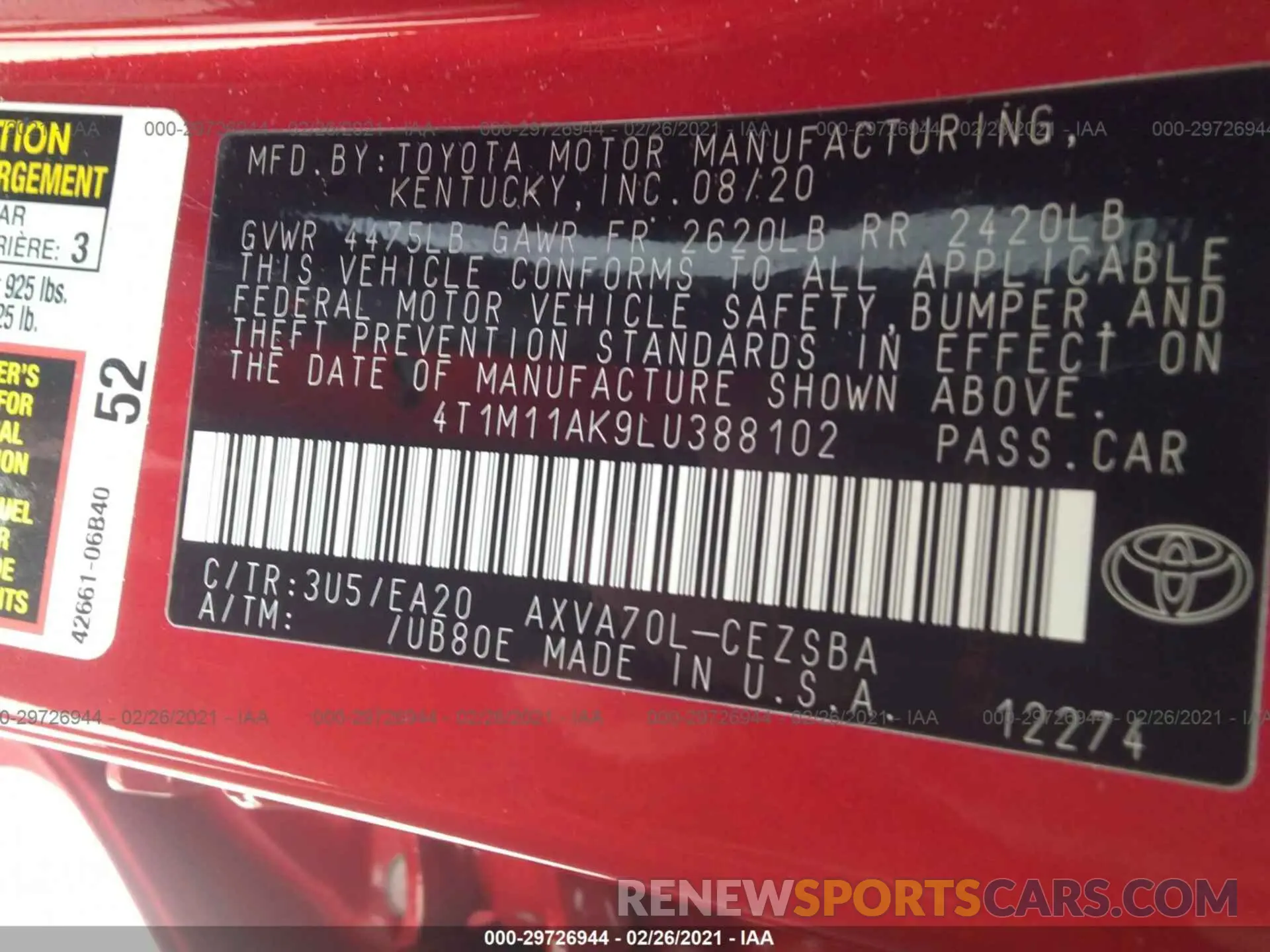 9 fotografías del automóvil dañado 4T1M11AK9LU388102 TOYOTA CAMRY 2020