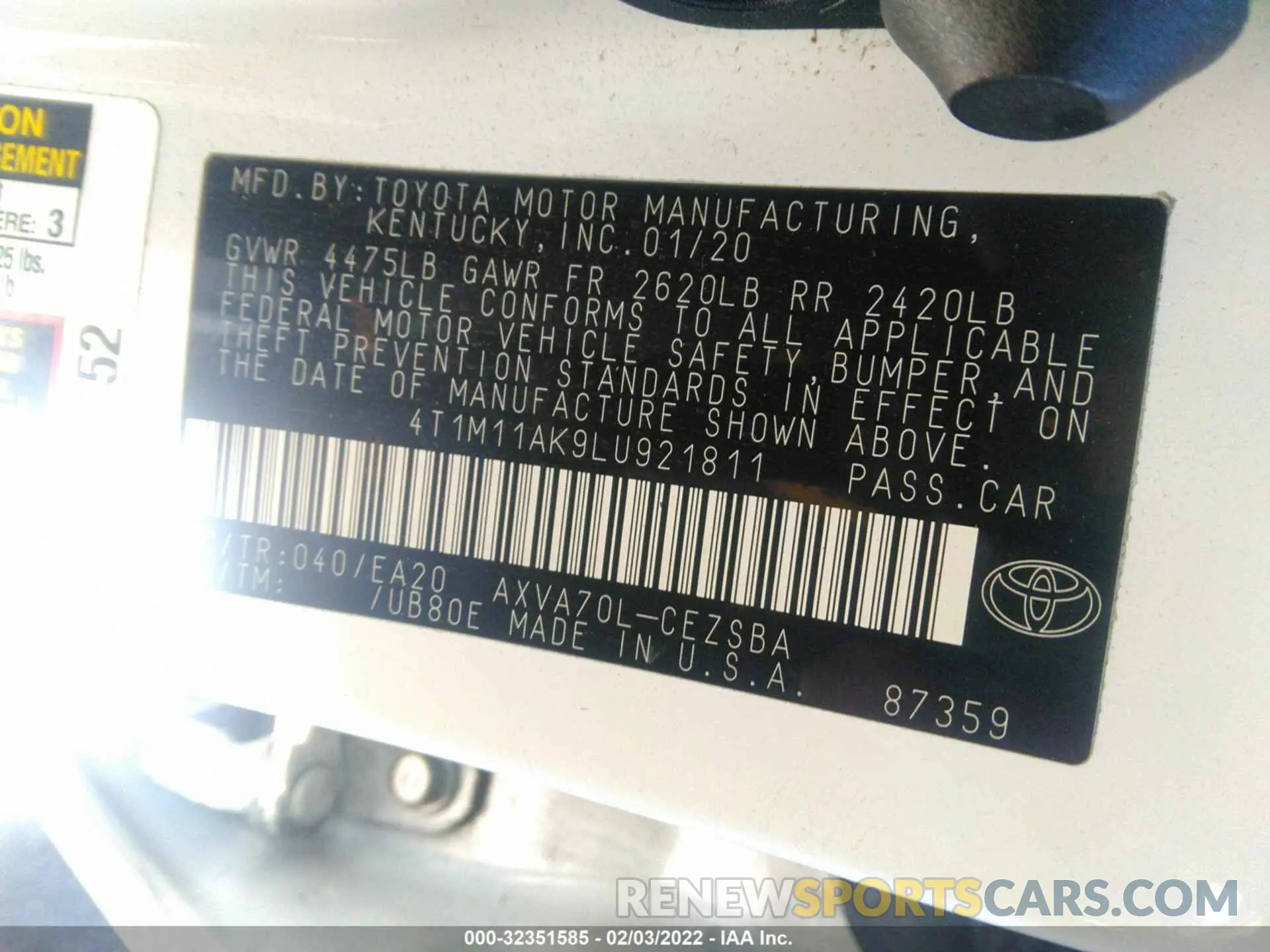 9 fotografías del automóvil dañado 4T1M11AK9LU921811 TOYOTA CAMRY 2020
