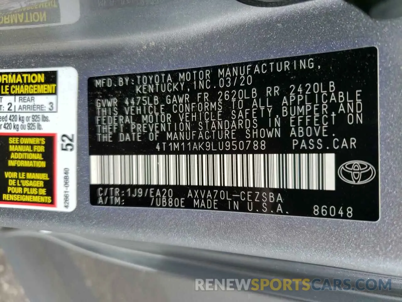 12 fotografías del automóvil dañado 4T1M11AK9LU950788 TOYOTA CAMRY 2020