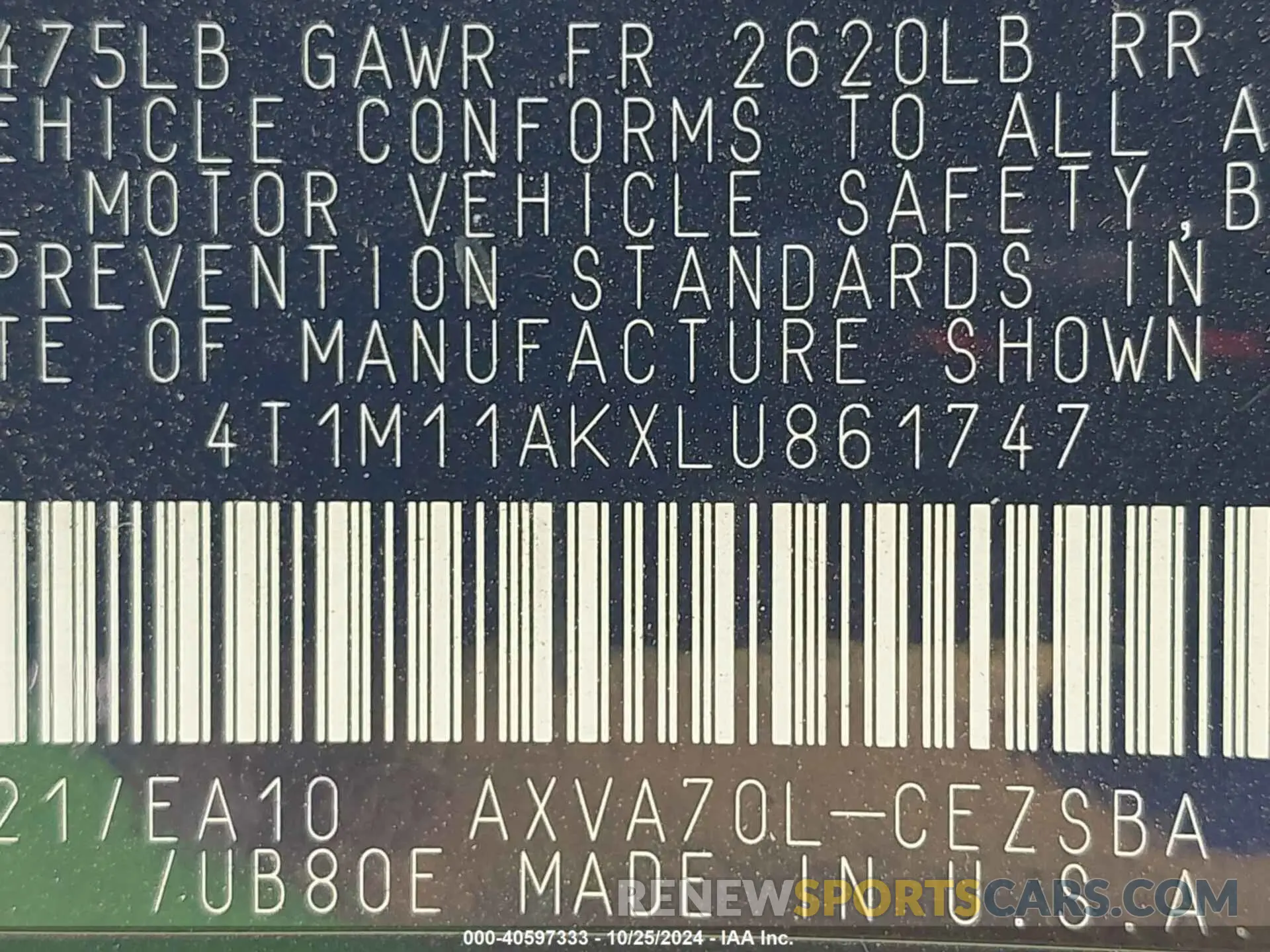 9 fotografías del automóvil dañado 4T1M11AKXLU861747 TOYOTA CAMRY 2020