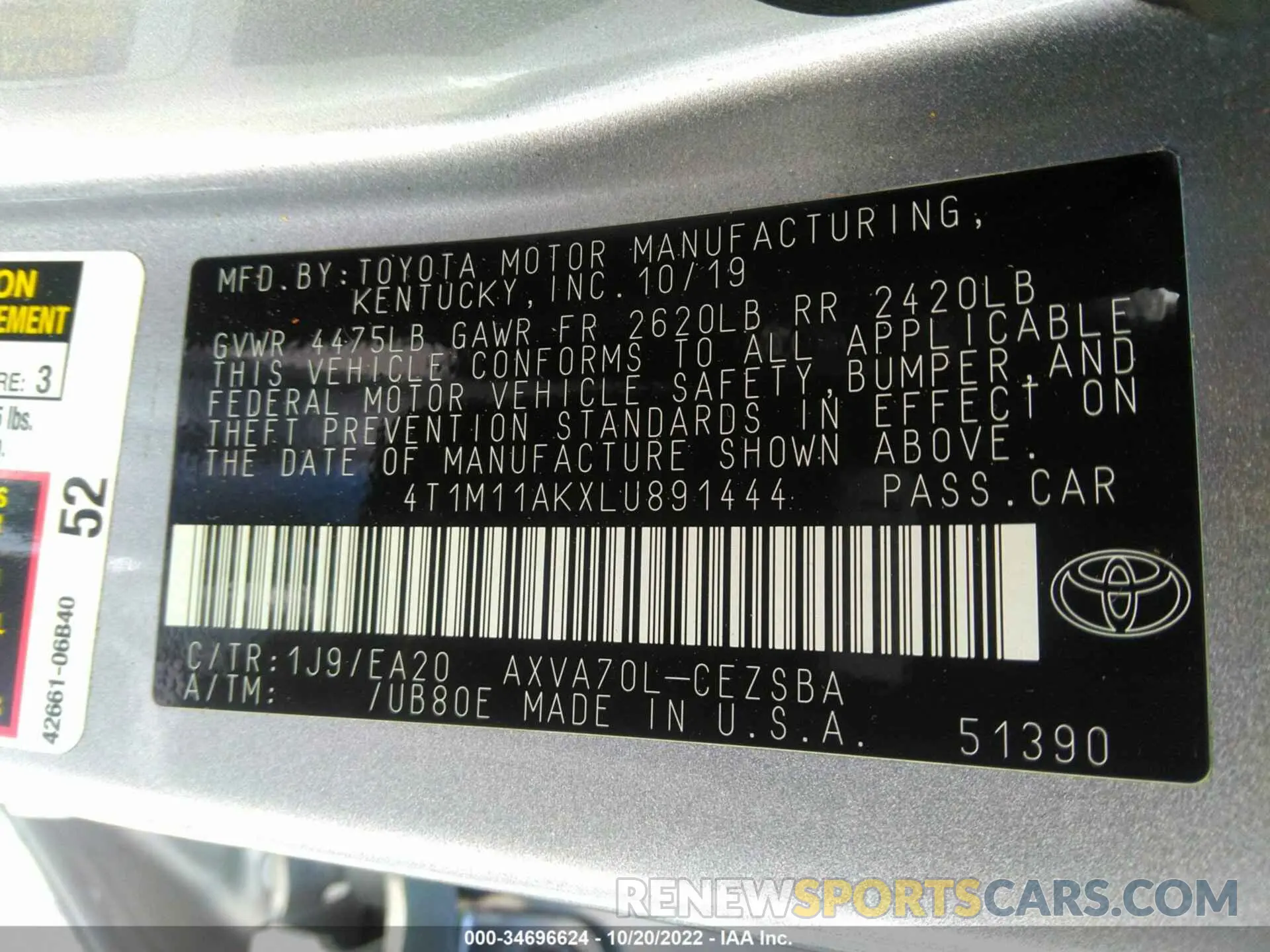 9 fotografías del automóvil dañado 4T1M11AKXLU891444 TOYOTA CAMRY 2020