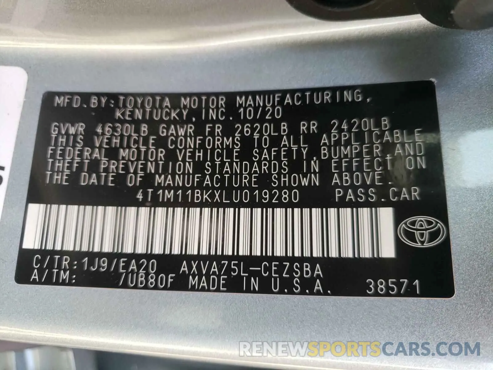 10 fotografías del automóvil dañado 4T1M11BKXLU019280 TOYOTA CAMRY 2020