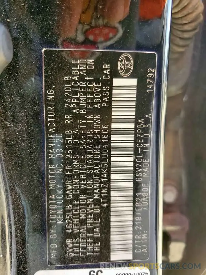 12 fotografías del automóvil dañado 4T1NZ1AK5LU041606 TOYOTA CAMRY 2020
