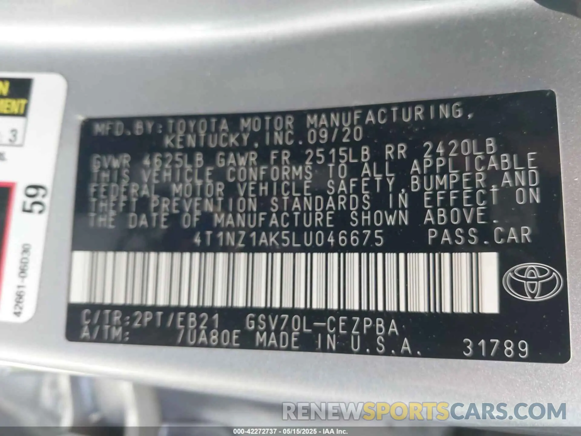 9 fotografías del automóvil dañado 4T1NZ1AK5LU046675 TOYOTA CAMRY 2020