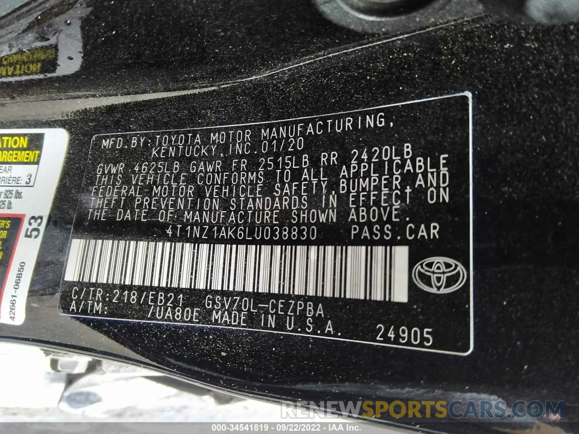 9 fotografías del automóvil dañado 4T1NZ1AK6LU038830 TOYOTA CAMRY 2020