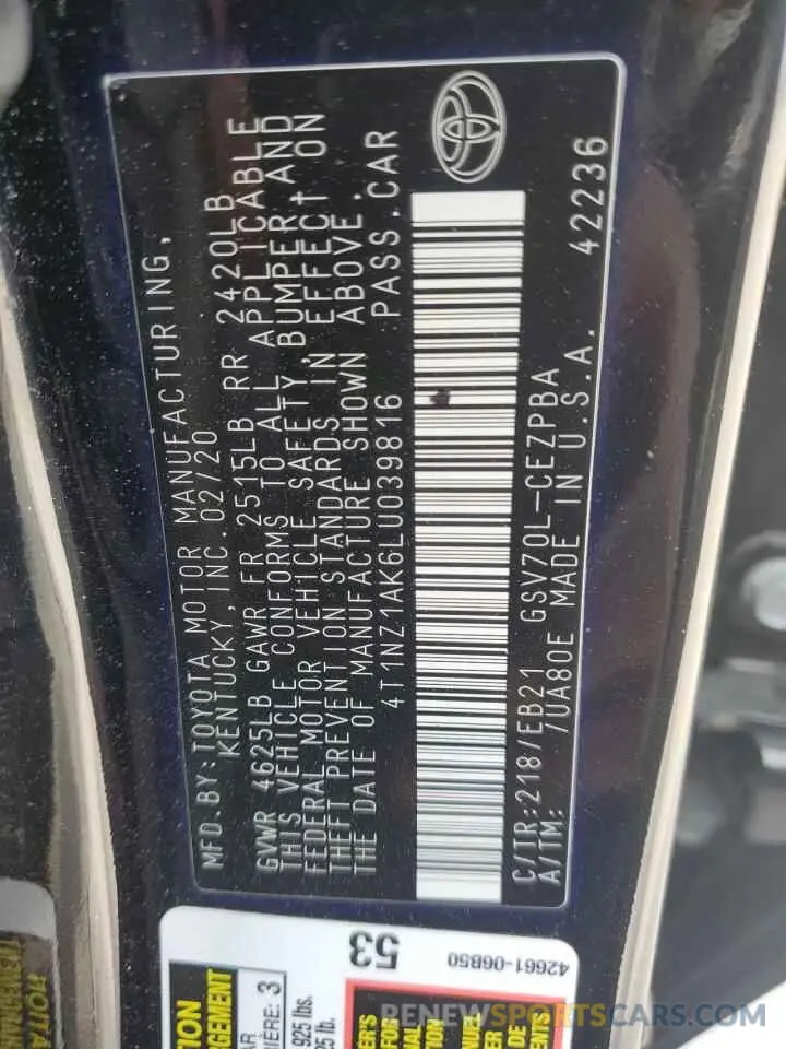 12 fotografías del automóvil dañado 4T1NZ1AK6LU039816 TOYOTA CAMRY 2020