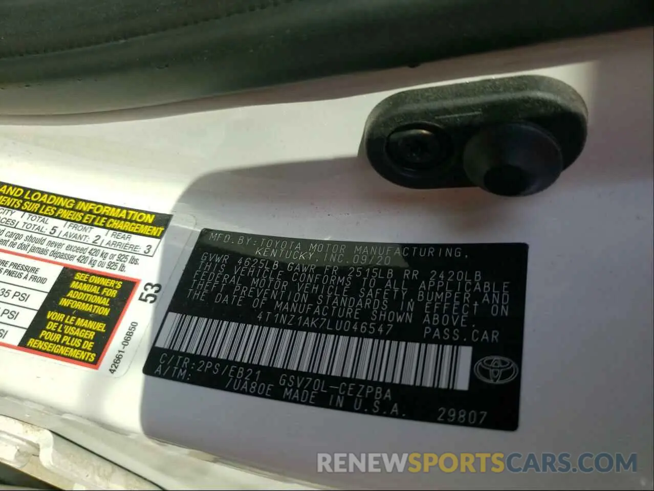 10 fotografías del automóvil dañado 4T1NZ1AK7LU046547 TOYOTA CAMRY 2020