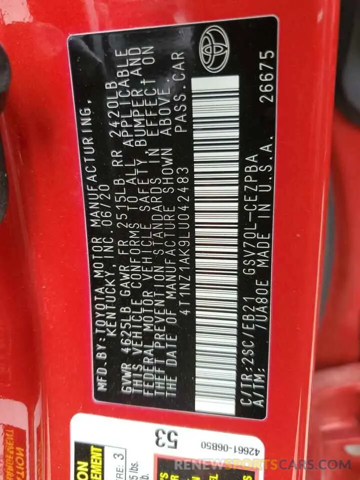12 fotografías del automóvil dañado 4T1NZ1AK9LU042483 TOYOTA CAMRY 2020