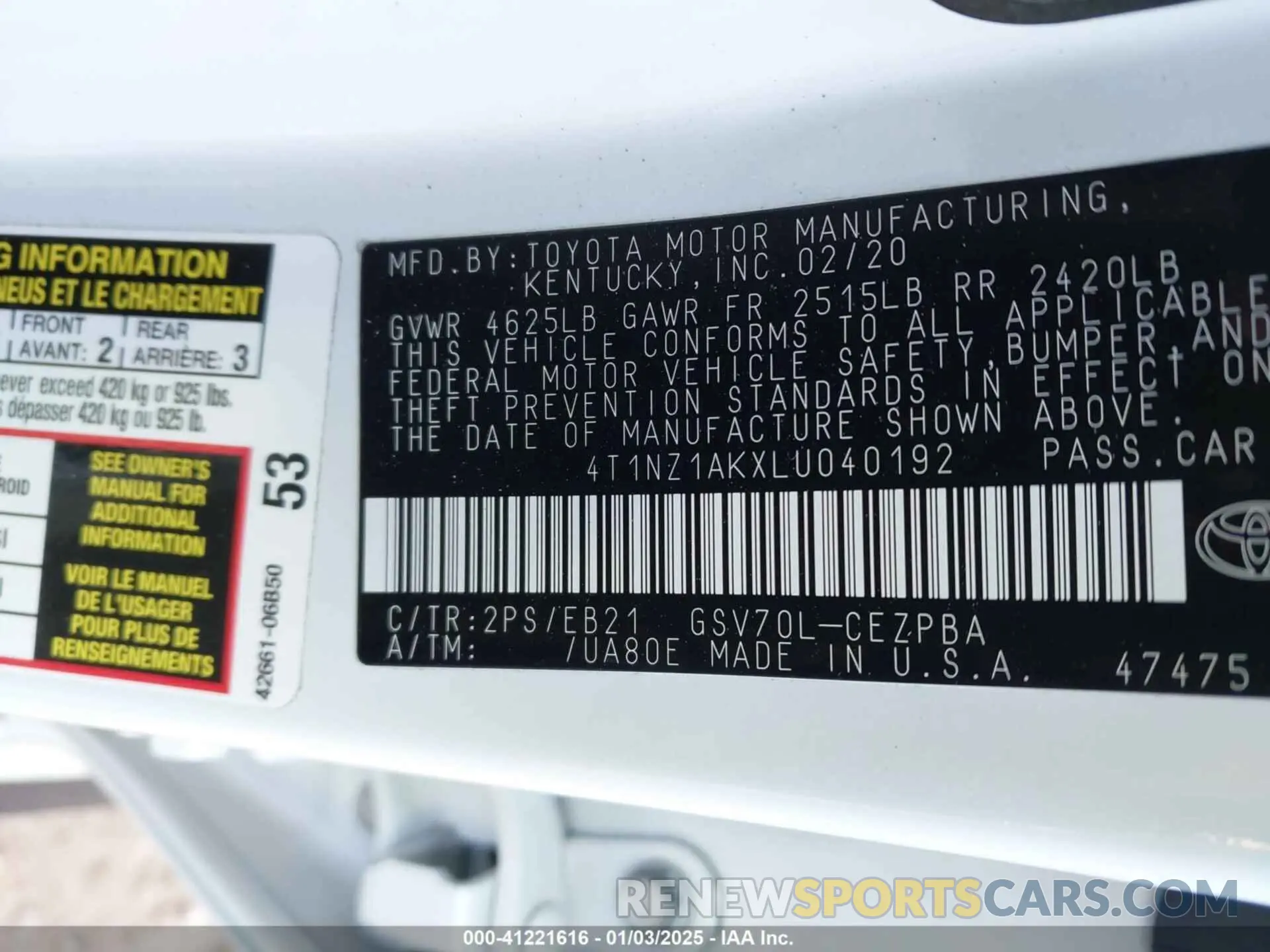 9 fotografías del automóvil dañado 4T1NZ1AKXLU040192 TOYOTA CAMRY 2020
