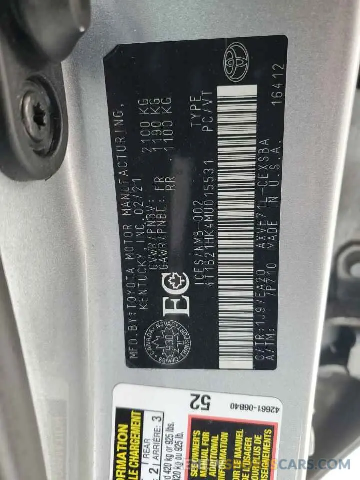 12 fotografías del automóvil dañado 4T1B21HK4MU015531 TOYOTA CAMRY 2021