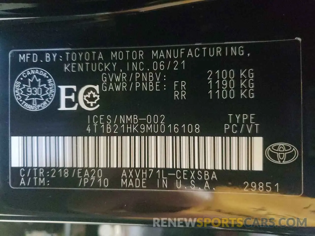 10 fotografías del automóvil dañado 4T1B21HK9MU016108 TOYOTA CAMRY 2021