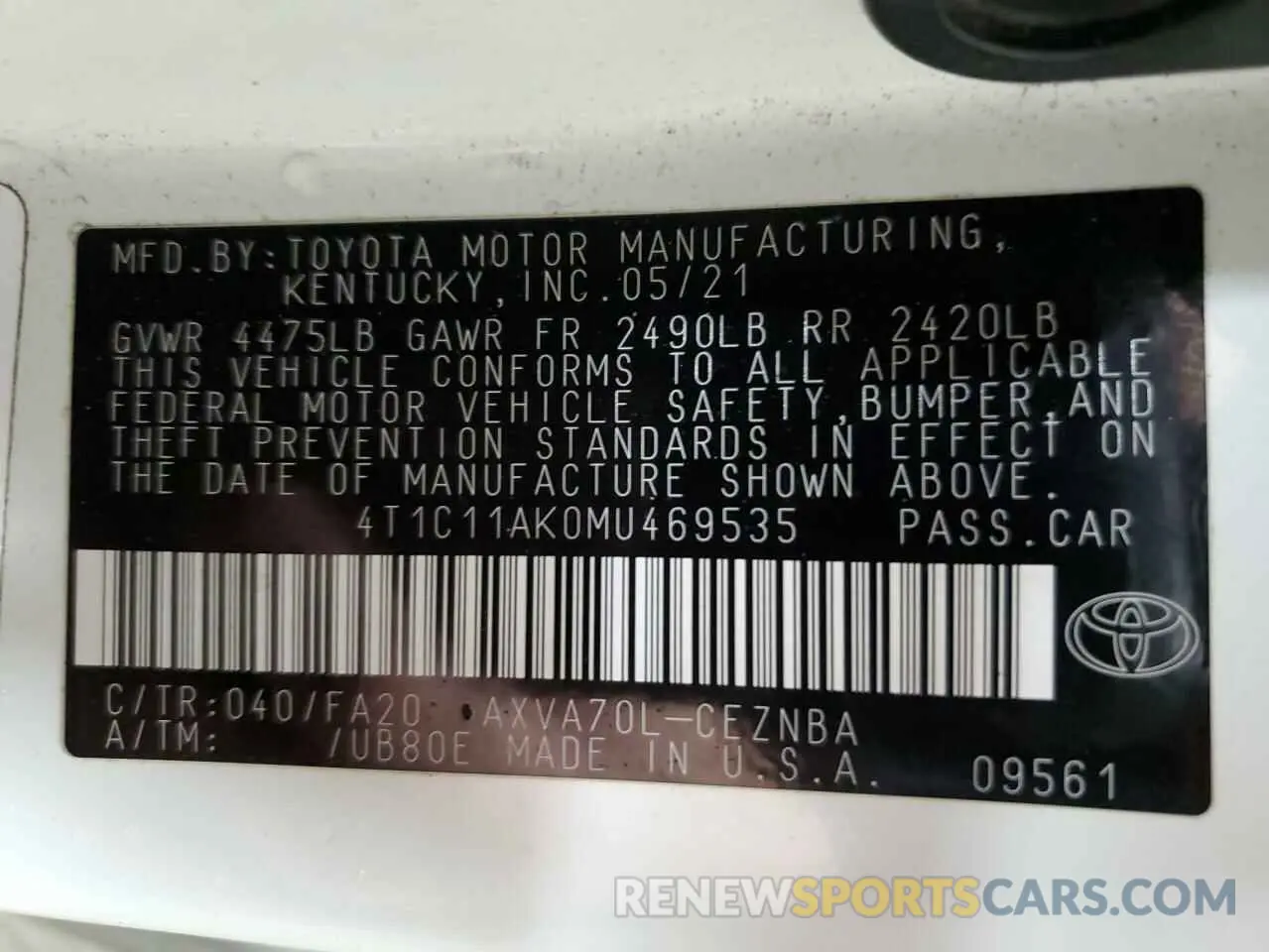 12 fotografías del automóvil dañado 4T1C11AK0MU469535 TOYOTA CAMRY 2021