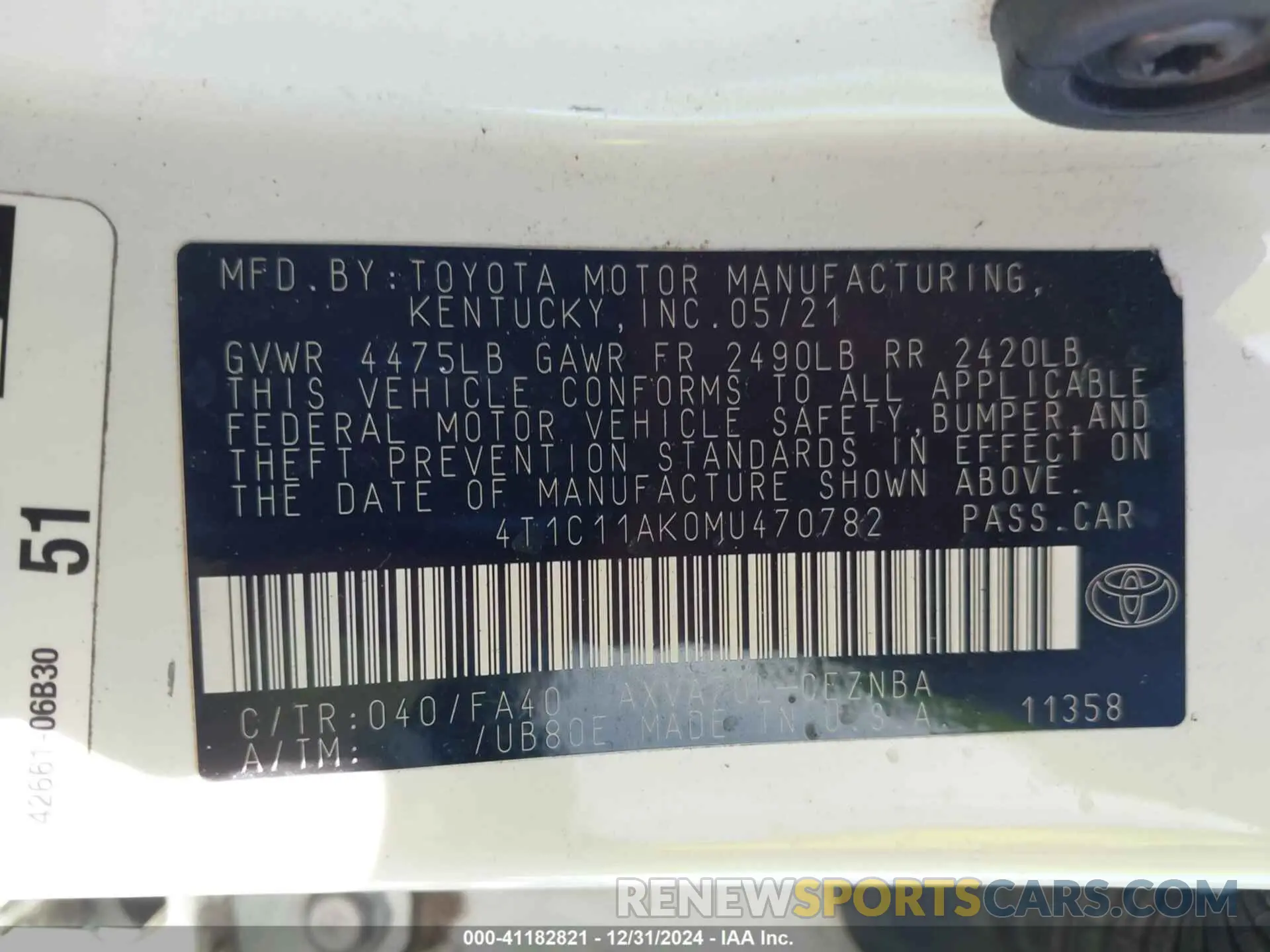 9 fotografías del automóvil dañado 4T1C11AK0MU470782 TOYOTA CAMRY 2021
