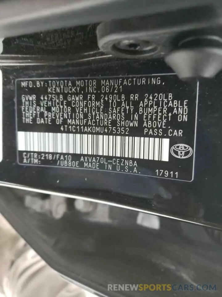 13 fotografías del automóvil dañado 4T1C11AK0MU475352 TOYOTA CAMRY 2021