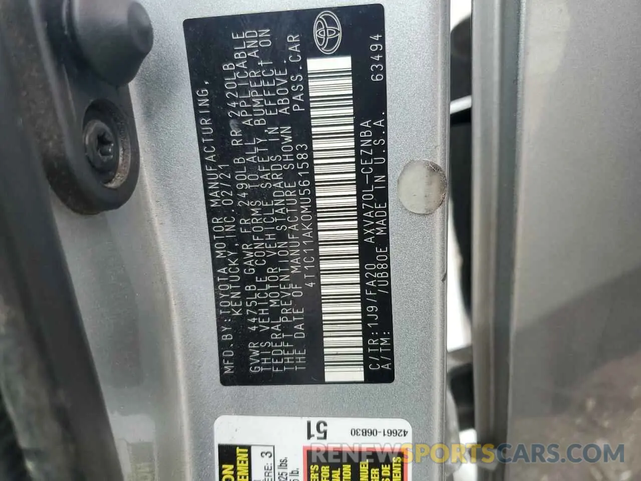 12 fotografías del automóvil dañado 4T1C11AK0MU561583 TOYOTA CAMRY 2021