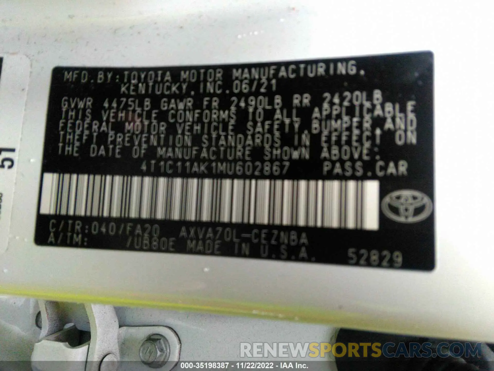 9 fotografías del automóvil dañado 4T1C11AK1MU602867 TOYOTA CAMRY 2021