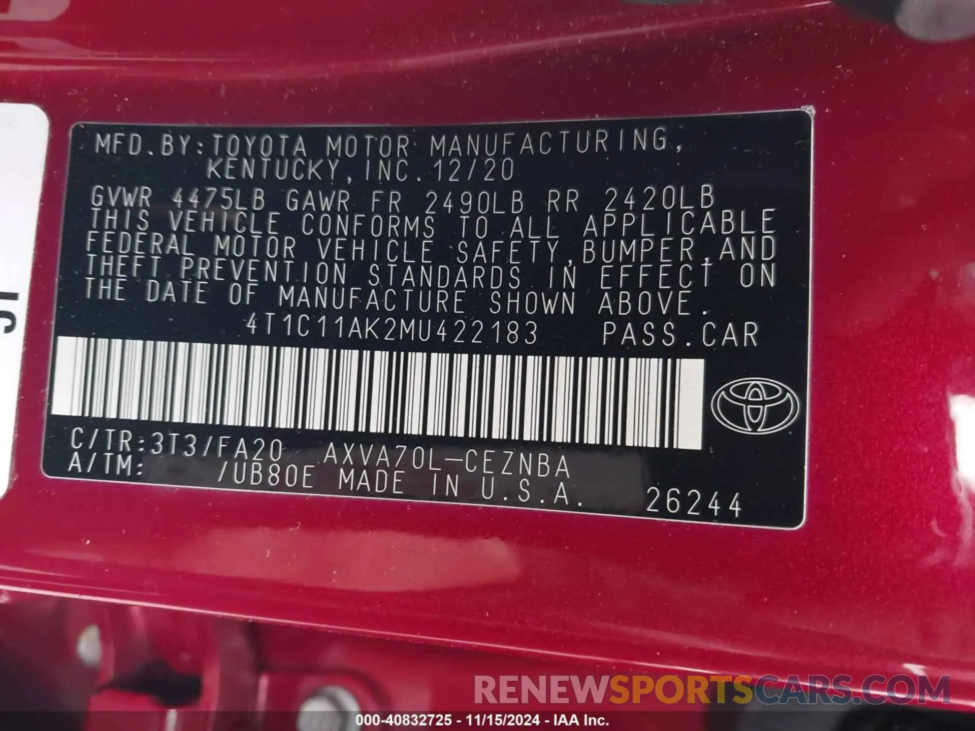 9 fotografías del automóvil dañado 4T1C11AK2MU422183 TOYOTA CAMRY 2021