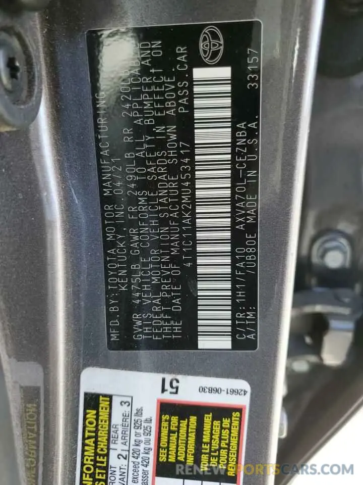 15 fotografías del automóvil dañado 4T1C11AK2MU453417 TOYOTA CAMRY 2021