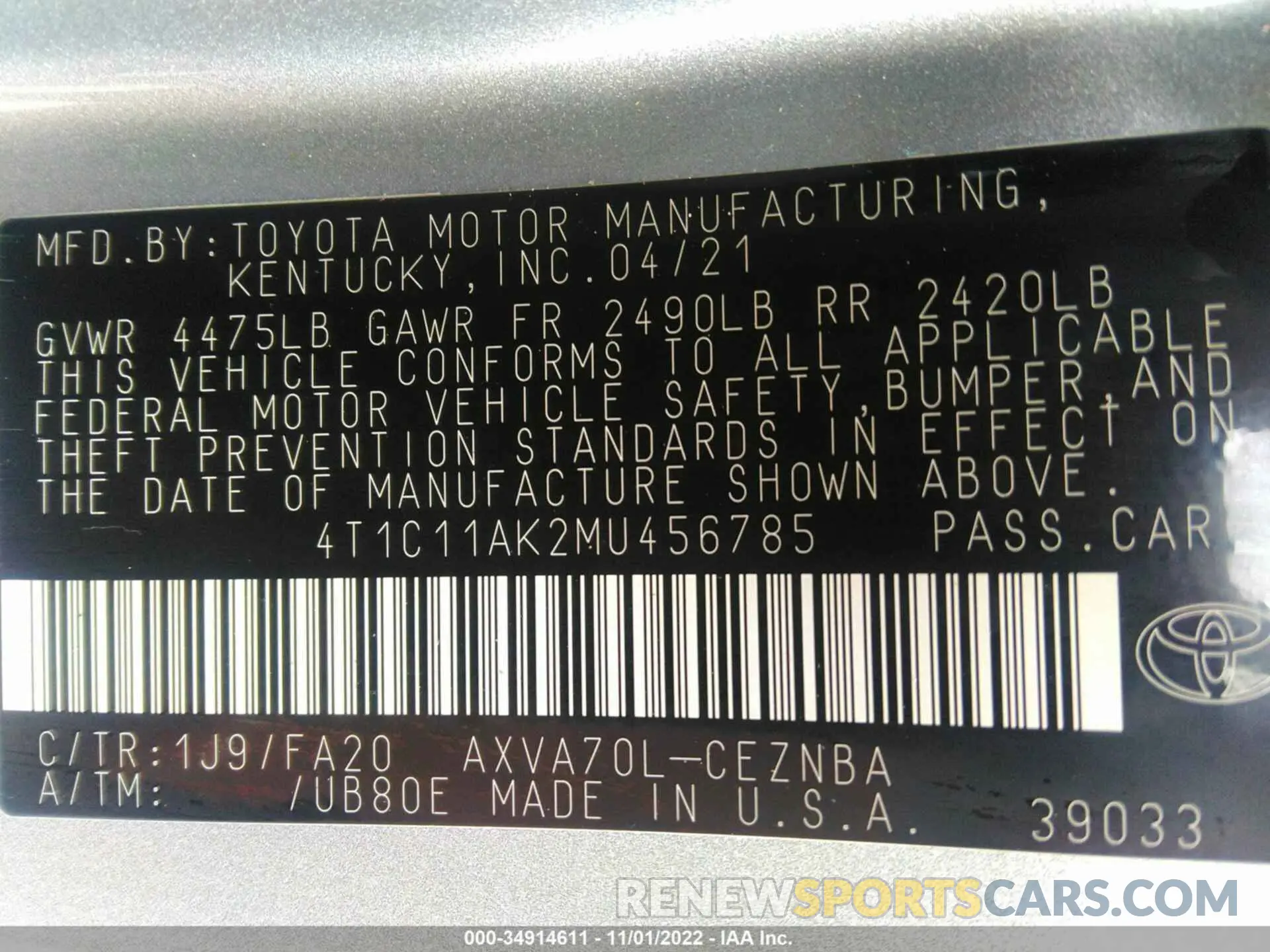 9 fotografías del automóvil dañado 4T1C11AK2MU456785 TOYOTA CAMRY 2021