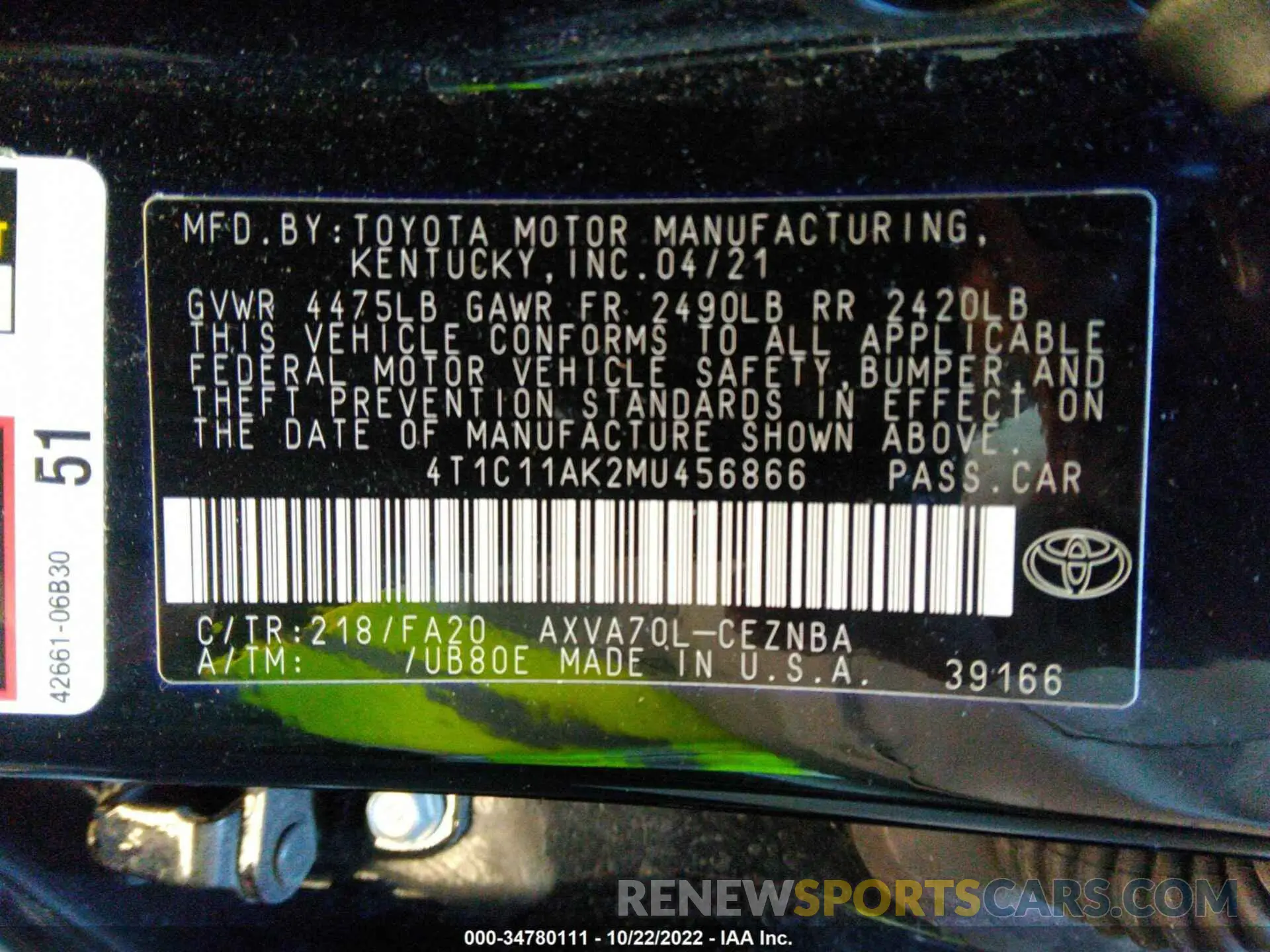 9 fotografías del automóvil dañado 4T1C11AK2MU456866 TOYOTA CAMRY 2021