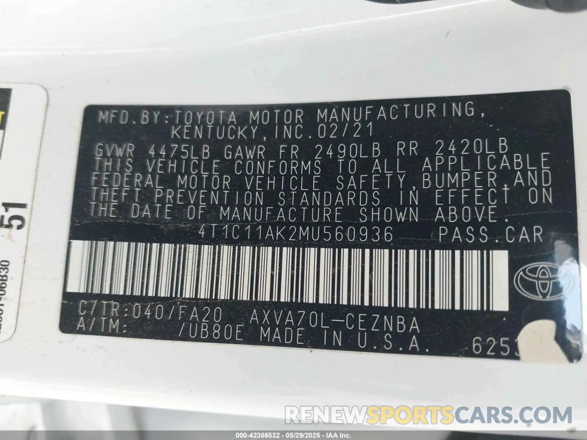 9 fotografías del automóvil dañado 4T1C11AK2MU560936 TOYOTA CAMRY 2021