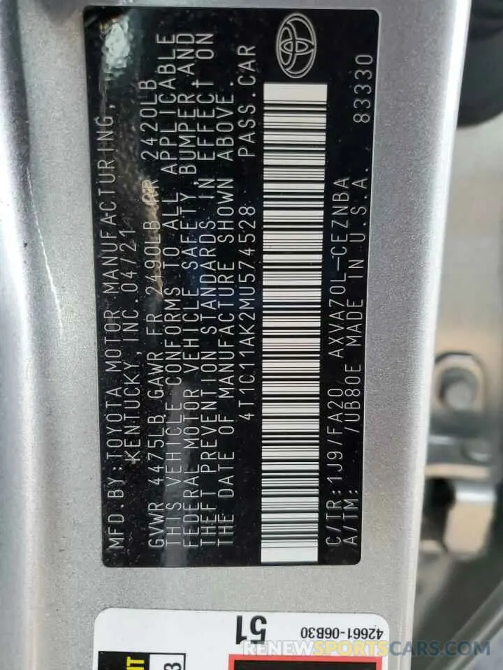 13 fotografías del automóvil dañado 4T1C11AK2MU574528 TOYOTA CAMRY 2021