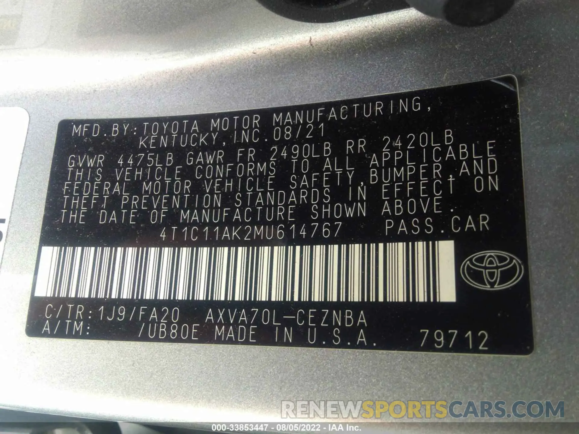 9 fotografías del automóvil dañado 4T1C11AK2MU614767 TOYOTA CAMRY 2021