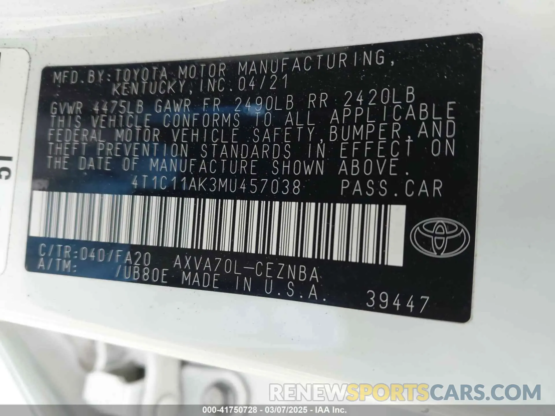 9 fotografías del automóvil dañado 4T1C11AK3MU457038 TOYOTA CAMRY 2021