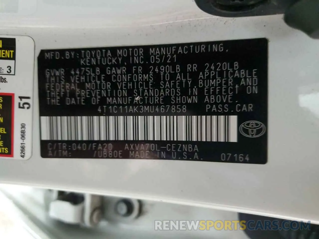 12 fotografías del automóvil dañado 4T1C11AK3MU467858 TOYOTA CAMRY 2021