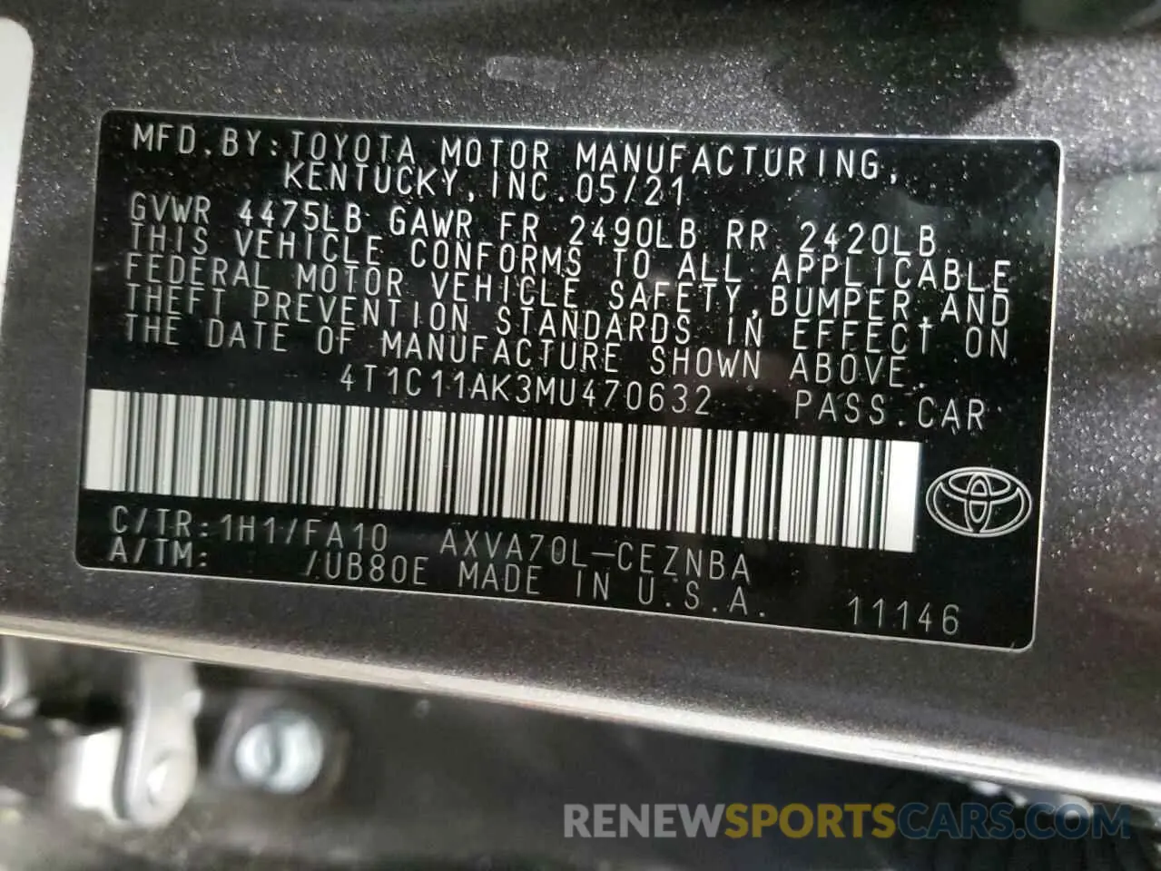 12 fotografías del automóvil dañado 4T1C11AK3MU470632 TOYOTA CAMRY 2021