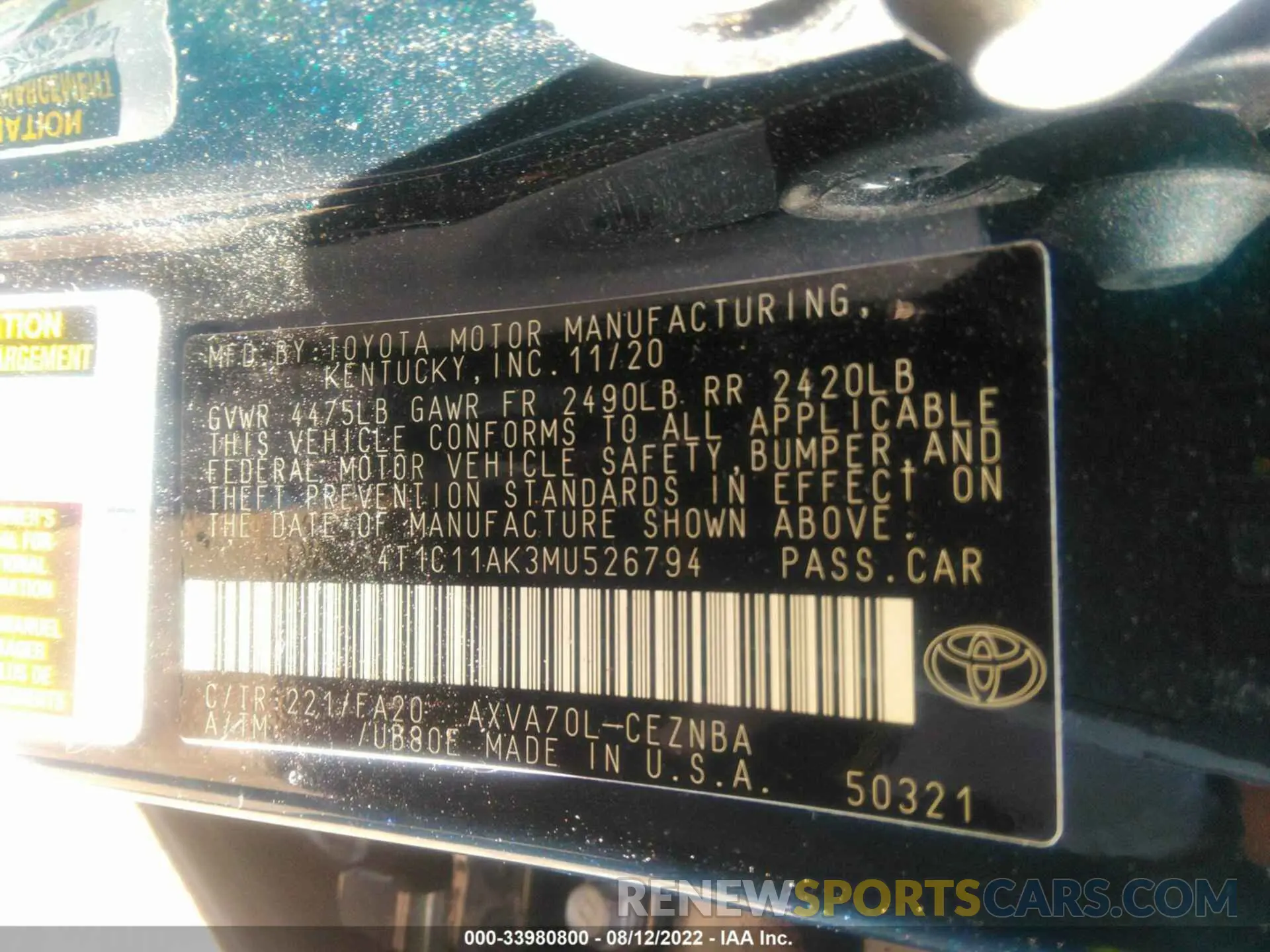 9 fotografías del automóvil dañado 4T1C11AK3MU526794 TOYOTA CAMRY 2021