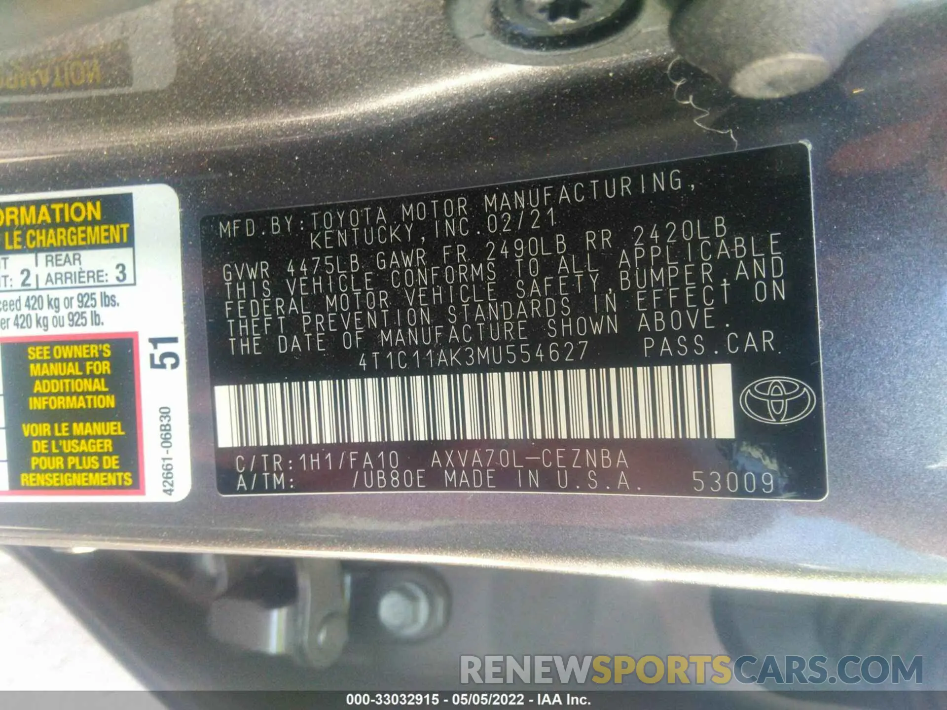 9 fotografías del automóvil dañado 4T1C11AK3MU554627 TOYOTA CAMRY 2021