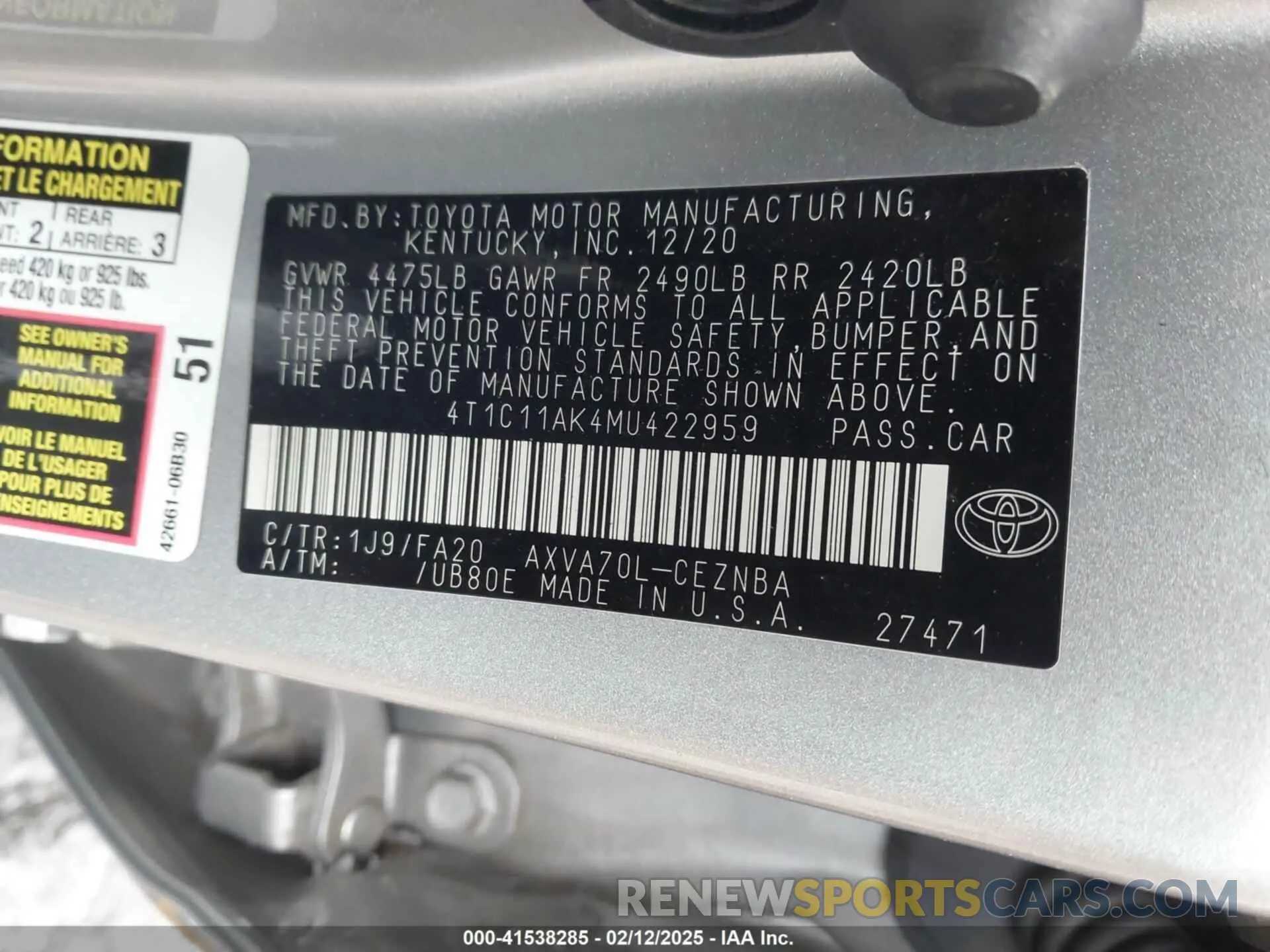 9 fotografías del automóvil dañado 4T1C11AK4MU422959 TOYOTA CAMRY 2021