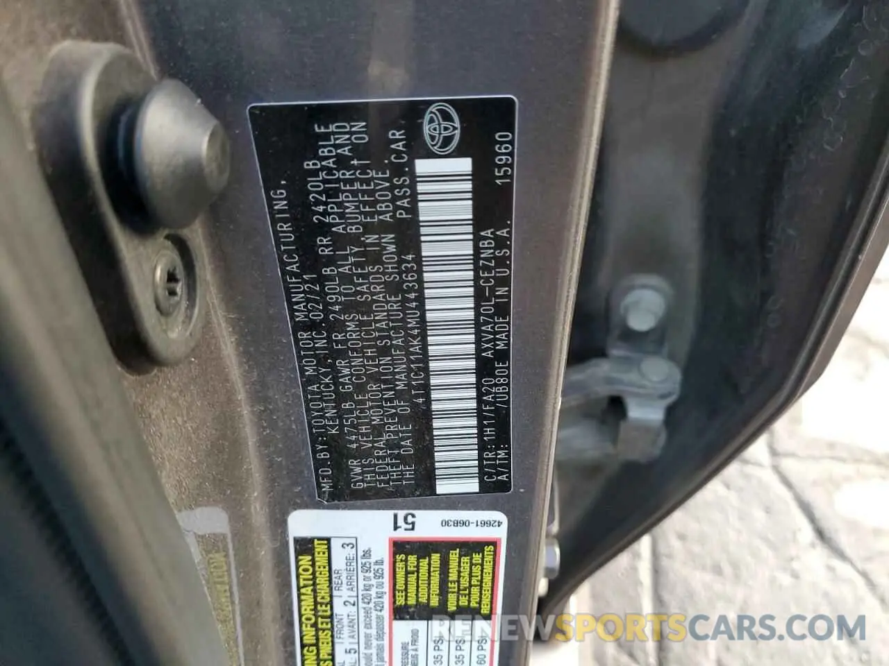 12 fotografías del automóvil dañado 4T1C11AK4MU443634 TOYOTA CAMRY 2021