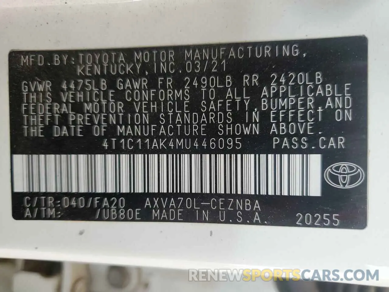 12 fotografías del automóvil dañado 4T1C11AK4MU446095 TOYOTA CAMRY 2021
