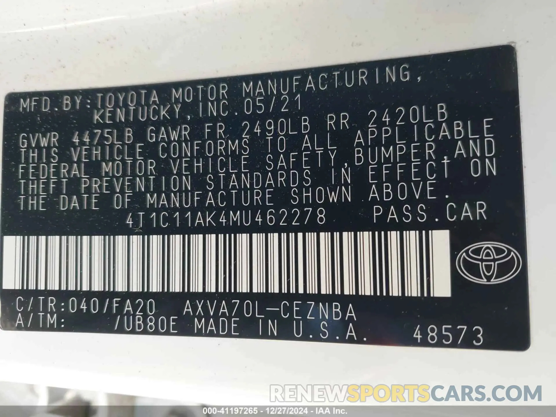 9 fotografías del automóvil dañado 4T1C11AK4MU462278 TOYOTA CAMRY 2021