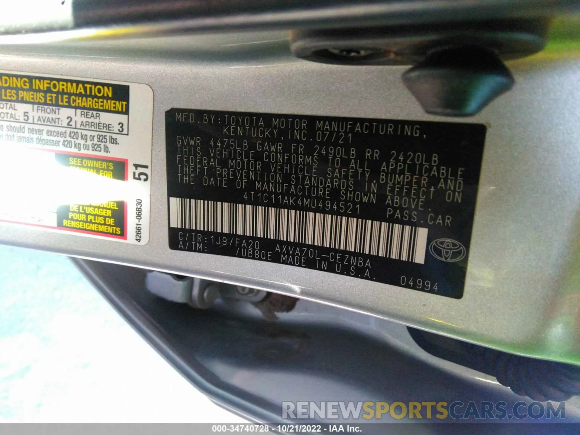 9 fotografías del automóvil dañado 4T1C11AK4MU494521 TOYOTA CAMRY 2021