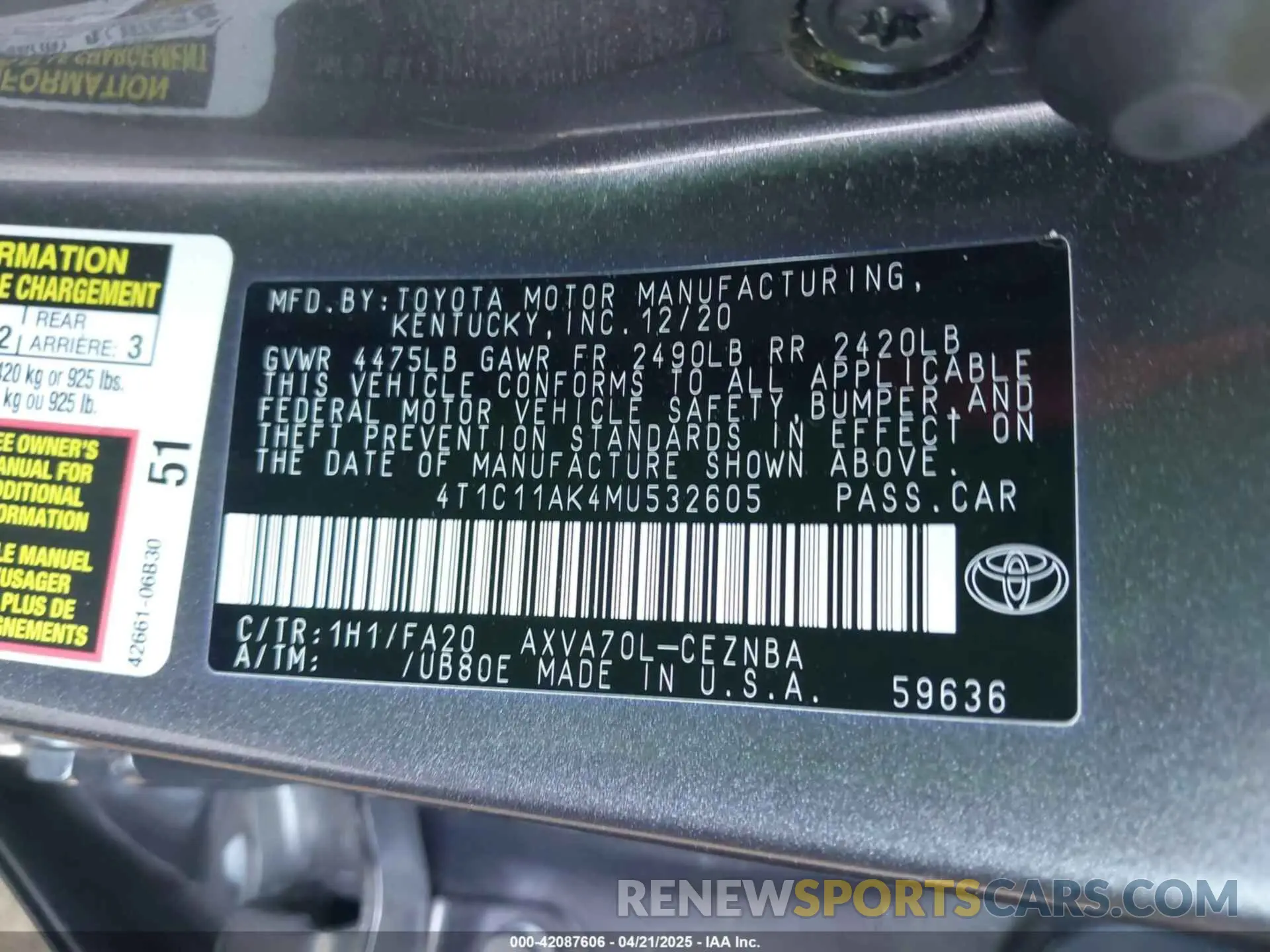 9 fotografías del automóvil dañado 4T1C11AK4MU532605 TOYOTA CAMRY 2021