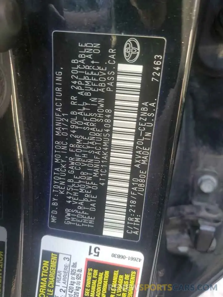 12 fotografías del automóvil dañado 4T1C11AK4MU540848 TOYOTA CAMRY 2021