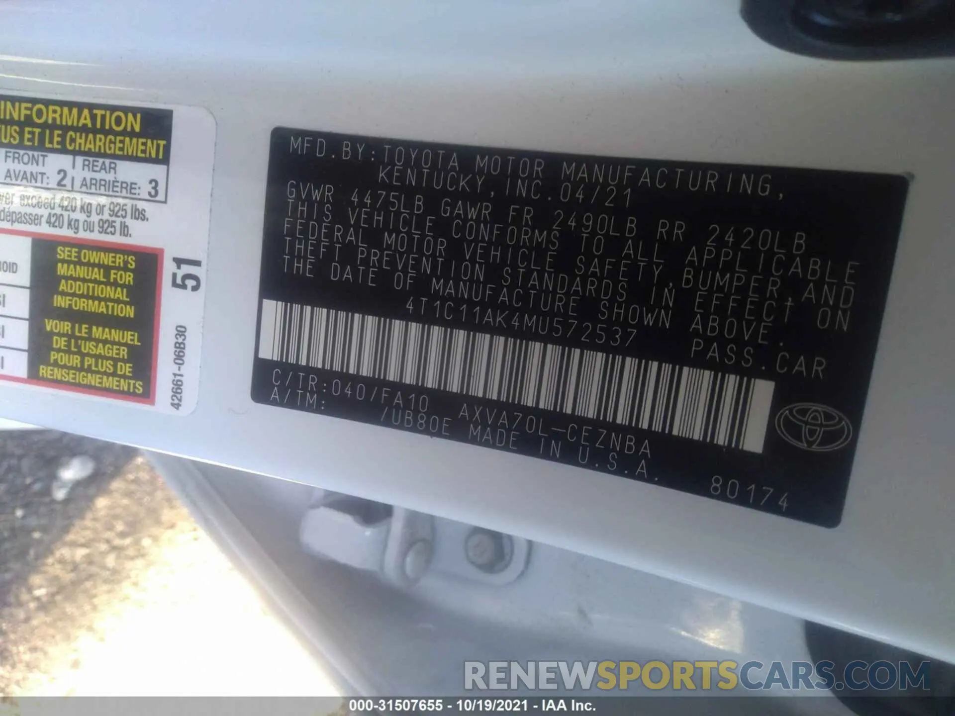 9 fotografías del automóvil dañado 4T1C11AK4MU572537 TOYOTA CAMRY 2021