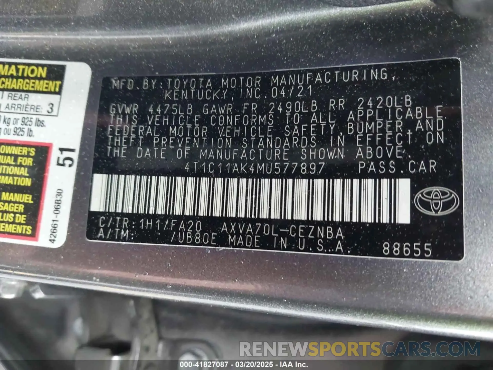 9 fotografías del automóvil dañado 4T1C11AK4MU577897 TOYOTA CAMRY 2021